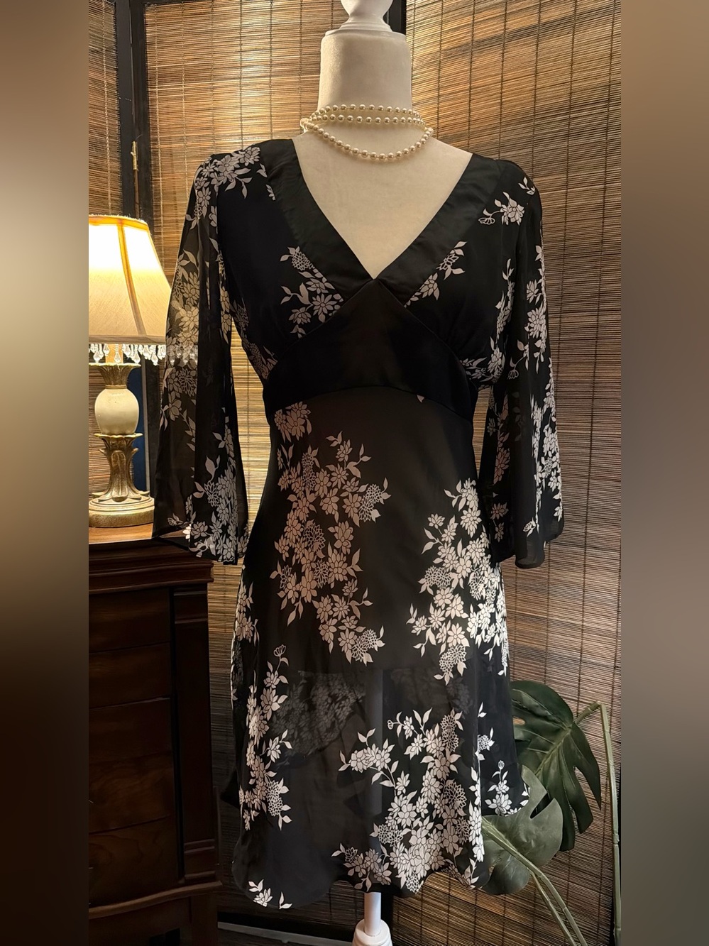 Who’s Henri? M Sheer Black Floral Dress Satin Bow Tie Waist